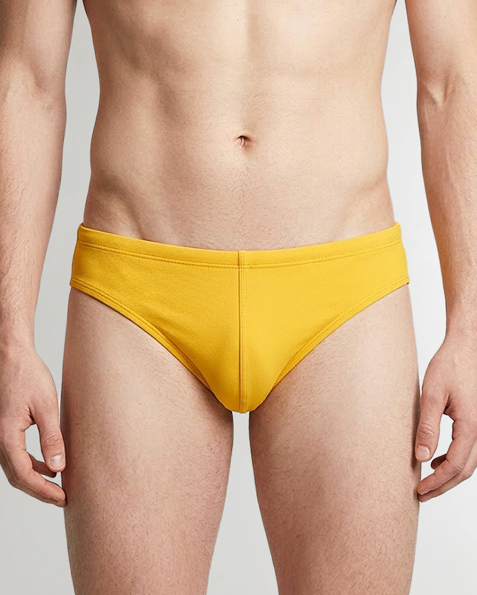 Sean & Val Racer Brief Sunflower — men's quick-dry swim brief, product flat lay
