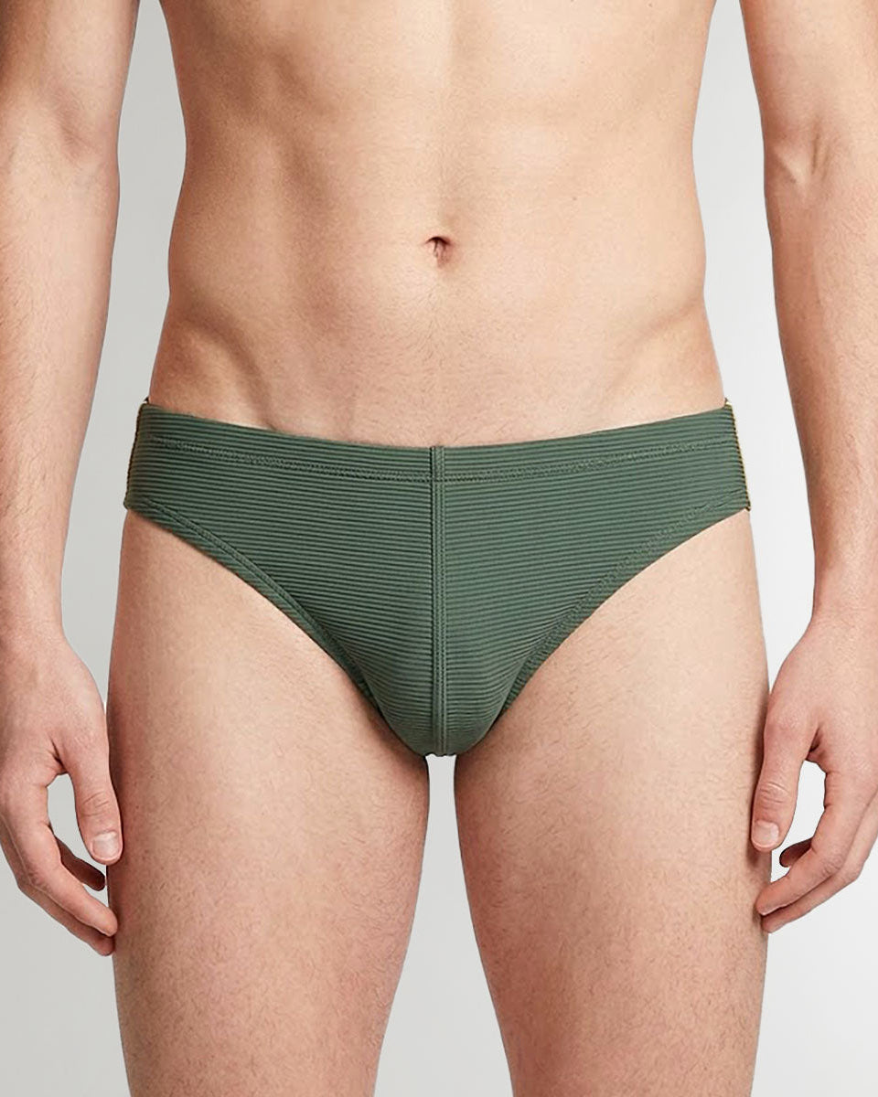 Sean & Val Ribbed Racer Brief Sage — men's quick-dry swim brief, product flat lay