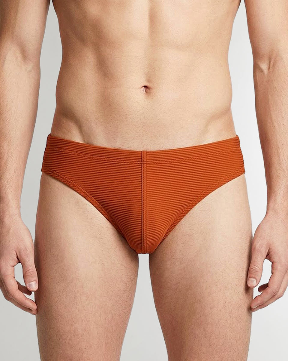 Sean & Val Ribbed Racer Brief Terracotta — men's quick-dry swim brief, product flat lay