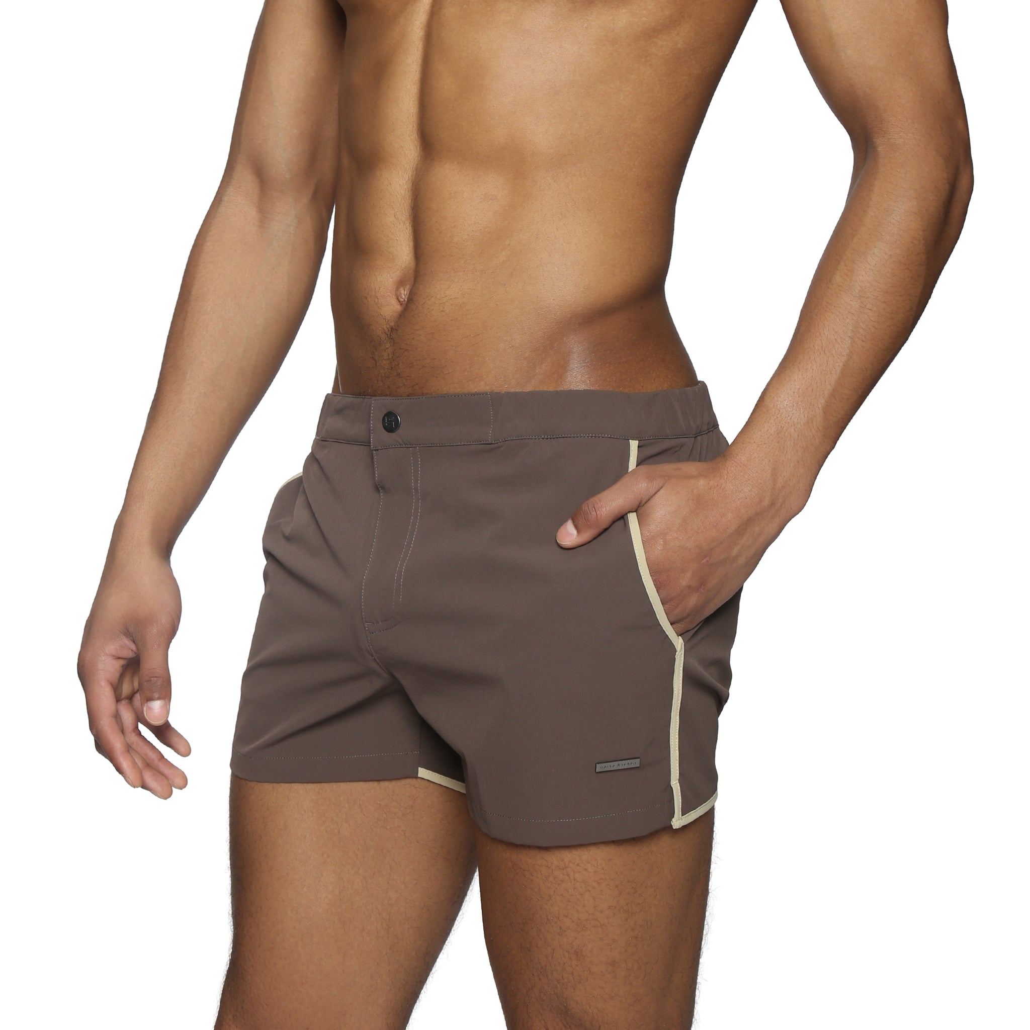 Parke & Ronen Angeleno Swim Trunk Espresso - men's low-rise swim trunk, side view