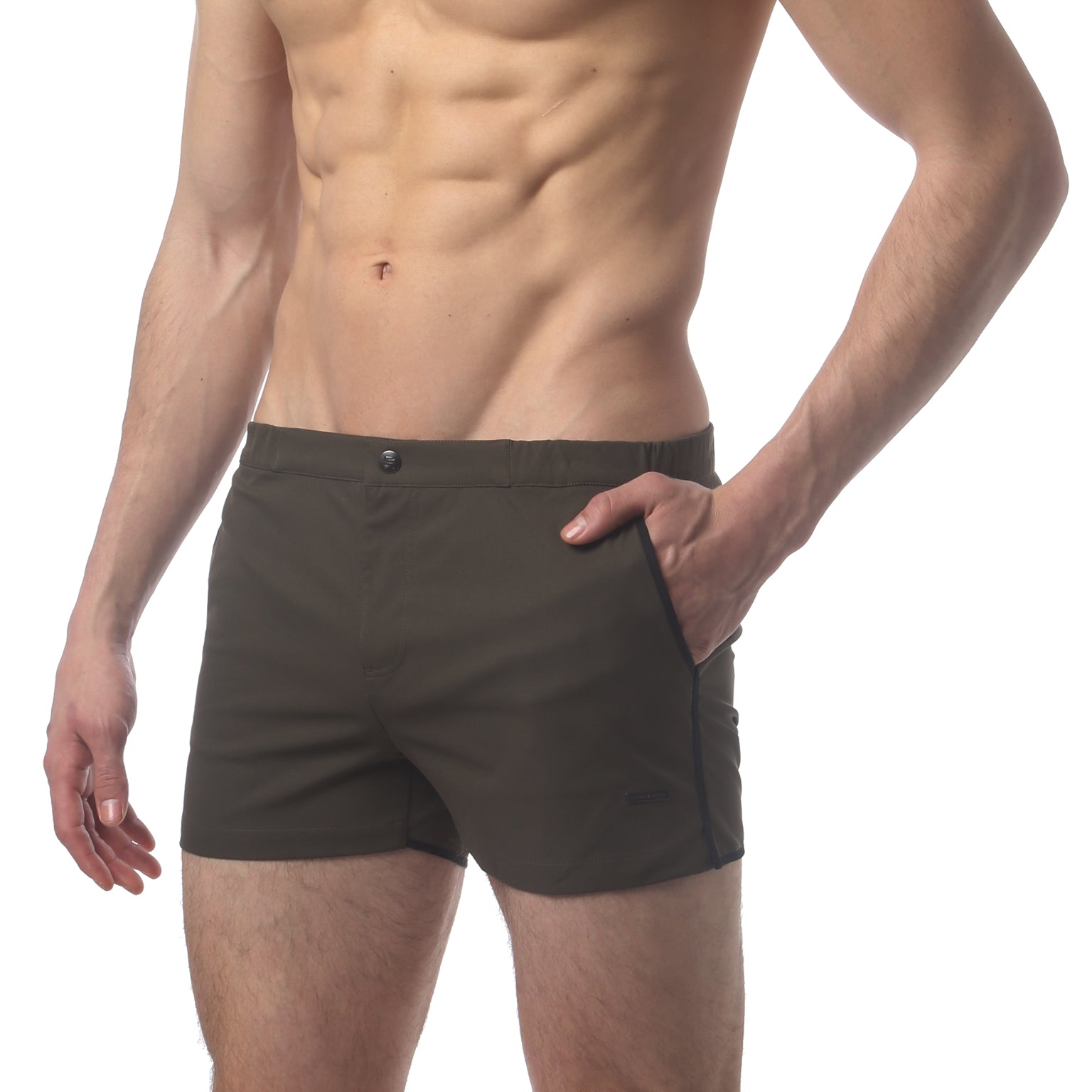 Parke & Ronen Angeleno Swim Trunk Army Green - men's low-rise swim trunk, side view