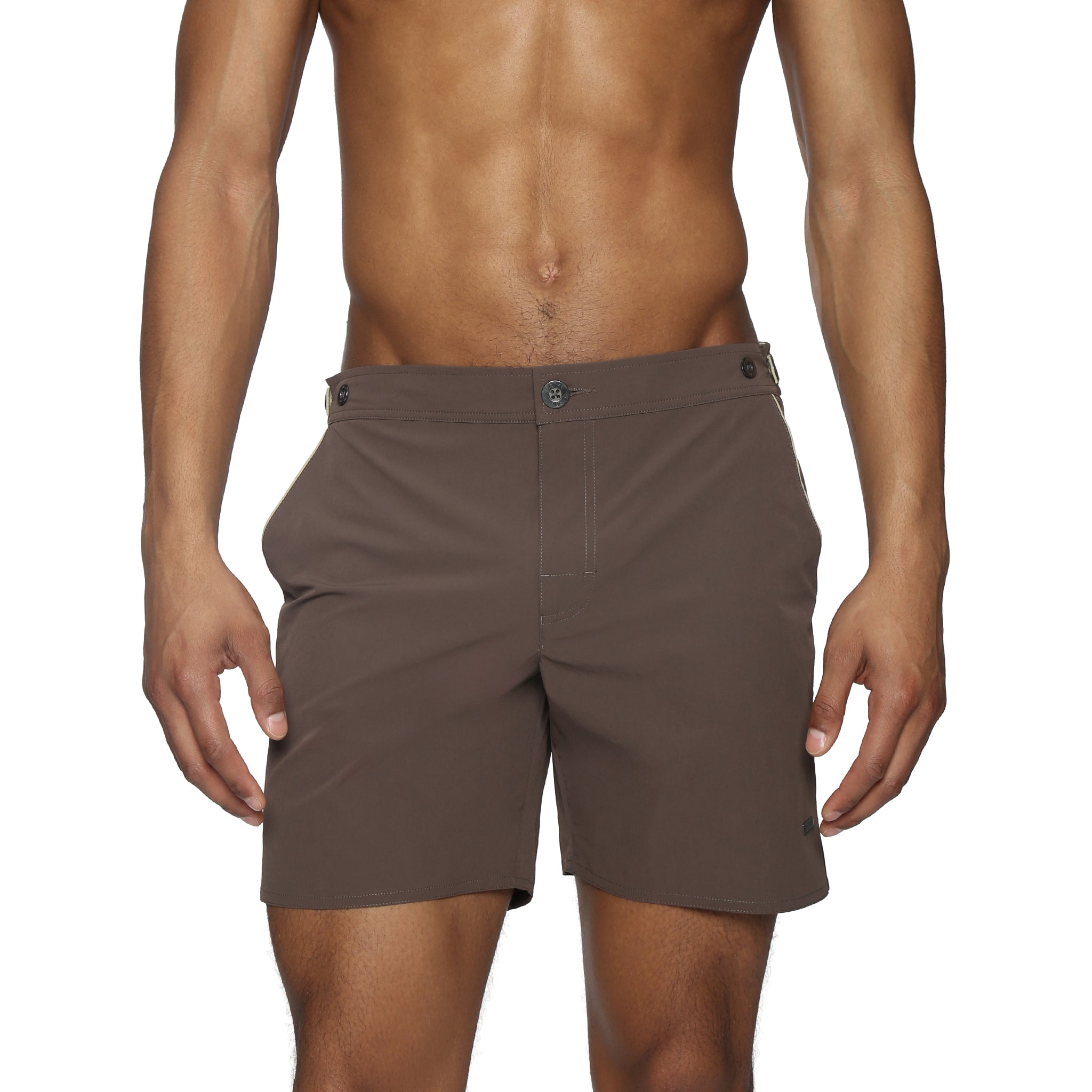 Parke & Ronen Catalonia Espresso Stretch Swim Short - men's 6" stretch swim short, front view