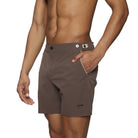 Parke & Ronen Catalonia Espresso Stretch Swim Short - back view showing adjustable waist detail