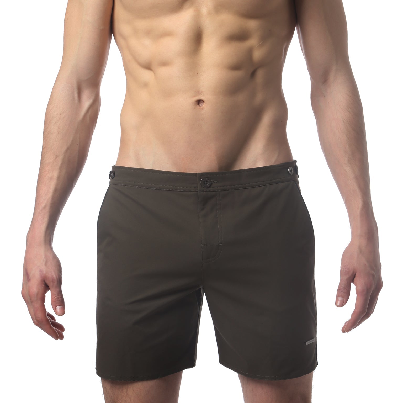 Parke & Ronen Catalonia Army Green Swim Short - men's 6" quick-dry swim short, front view