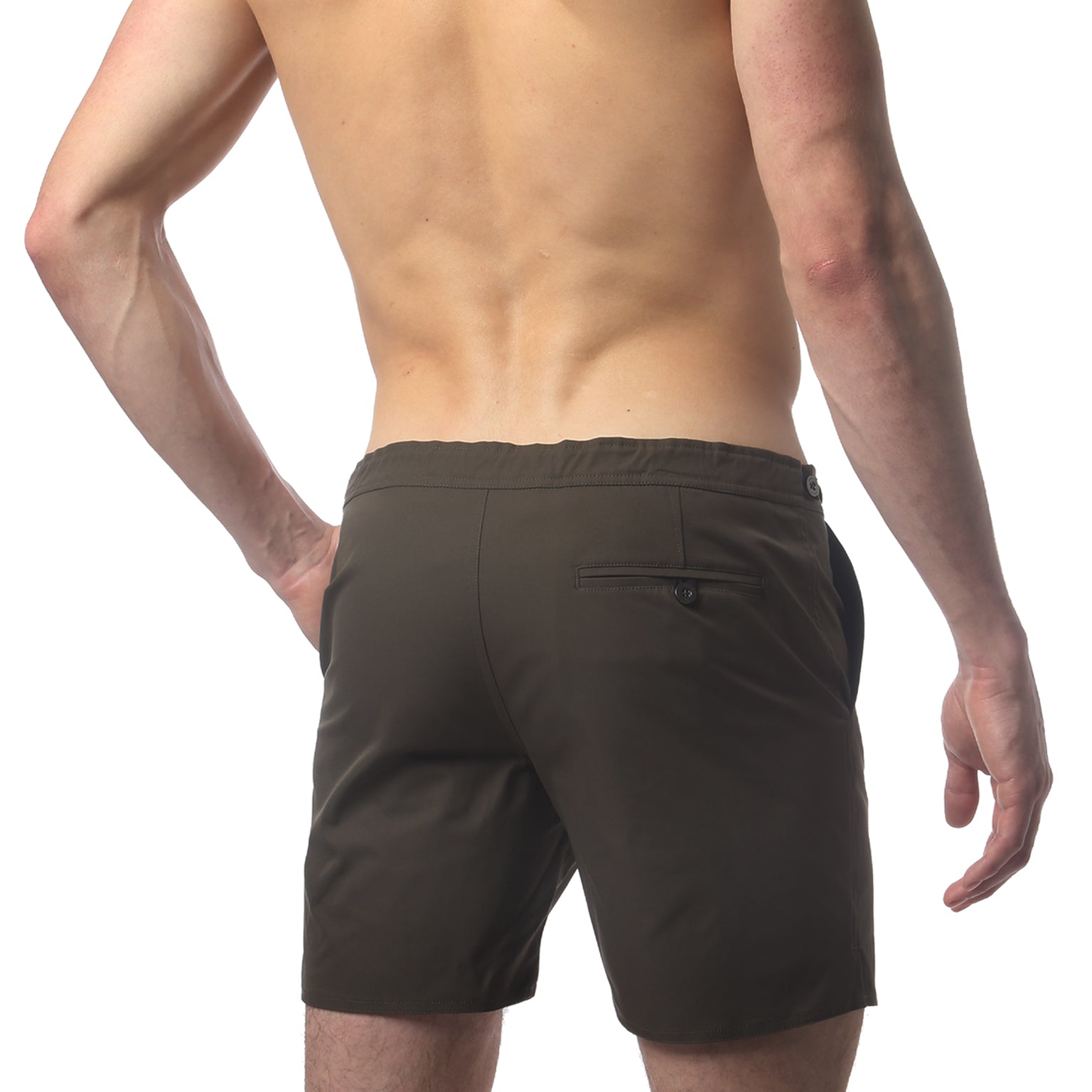 Parke & Ronen Catalonia Army Green Swim Short - side view with mesh lining detail