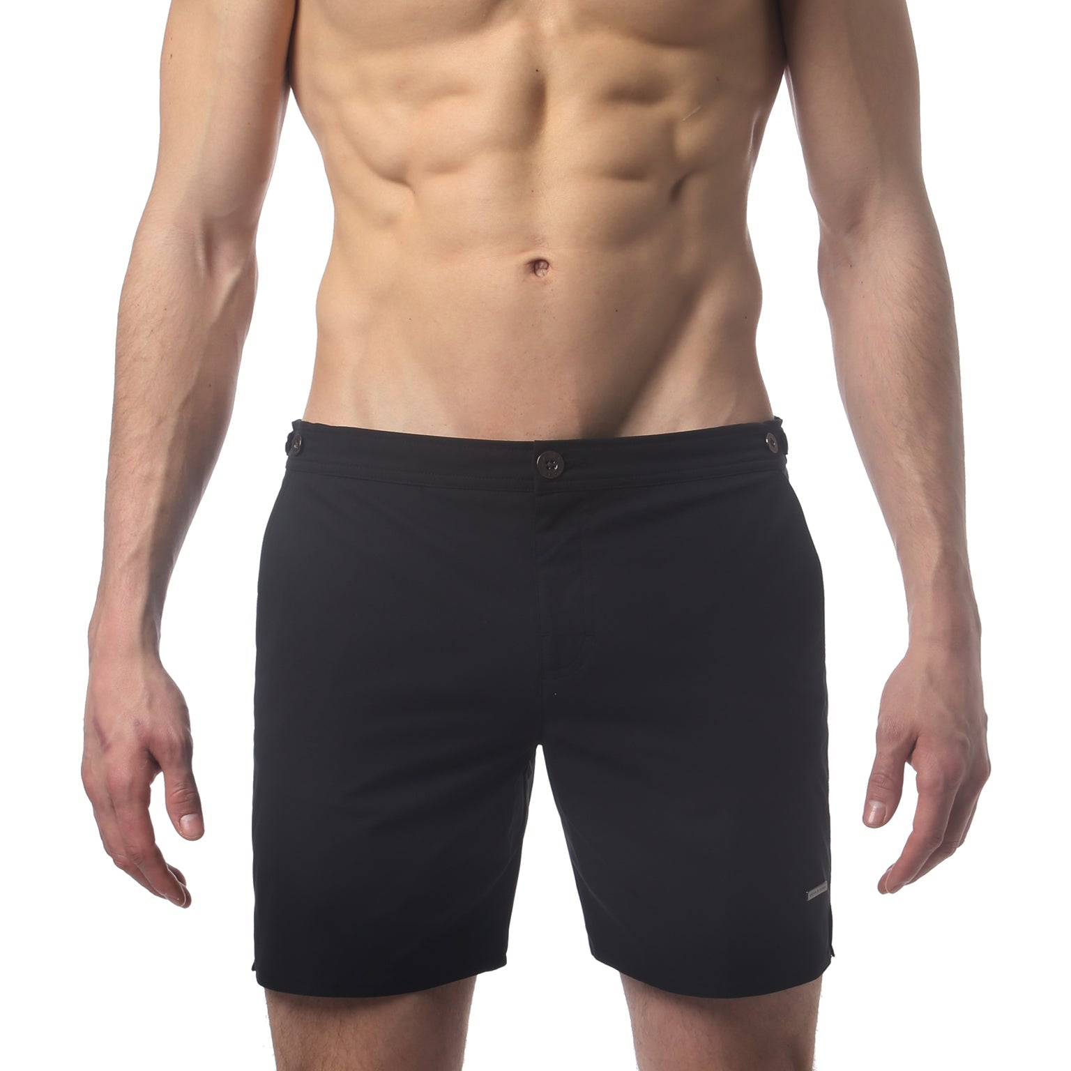 Parke & Ronen Catalonia Black Swim Short - men's 6" quick-dry swim short, front view