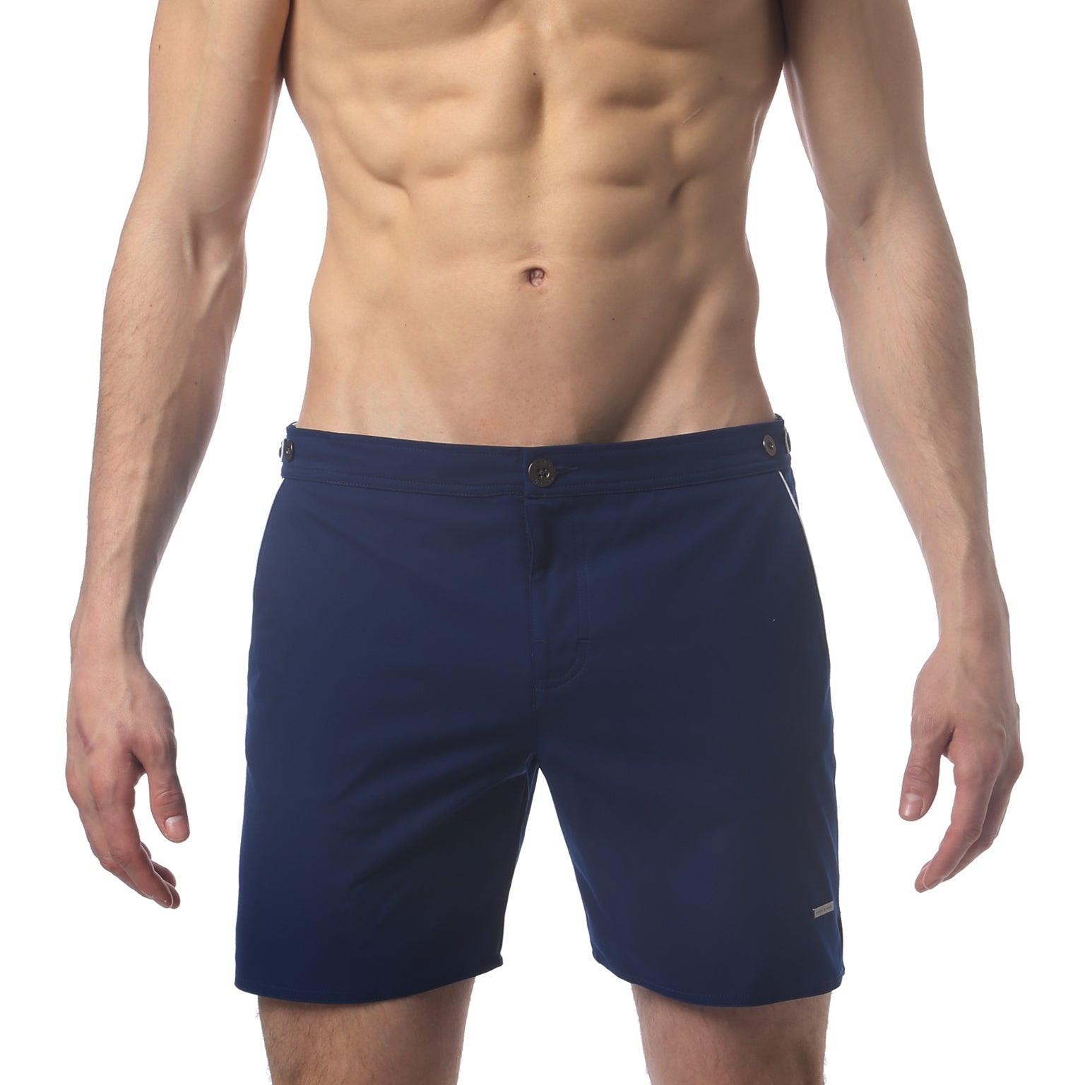 Parke & Ronen Catalonia Navy Swim Short - men's 6" quick-dry swim short, front view