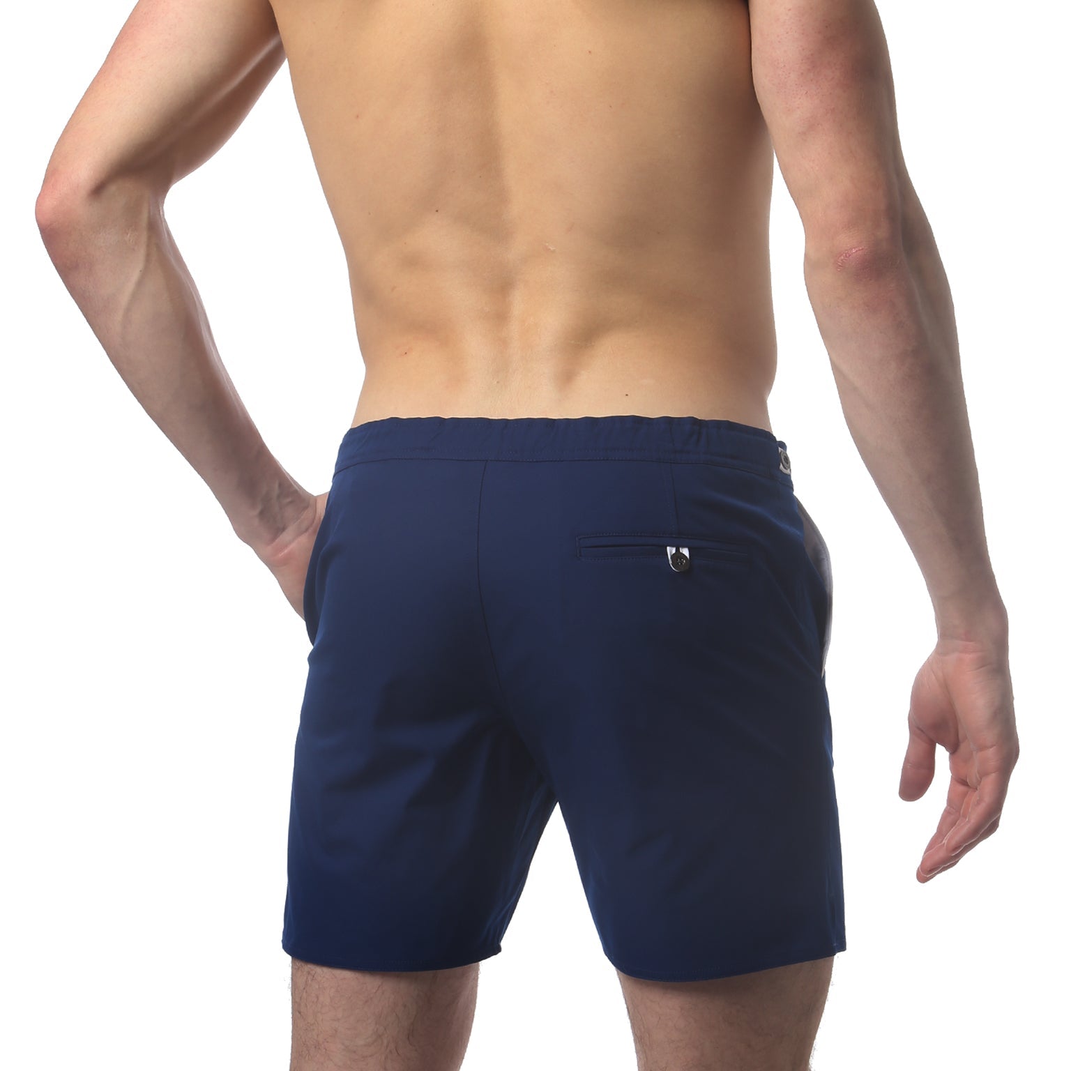 Parke & Ronen Catalonia Navy Swim Short - side view with mesh lining detail