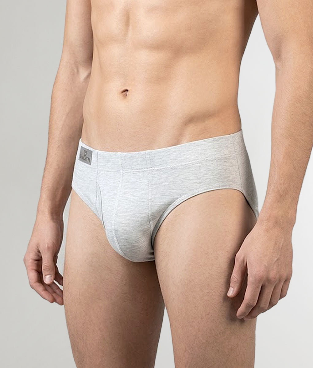 SHEATH Bamboo Brief Heather Gray - men's bamboo dual pouch brief, left angle view