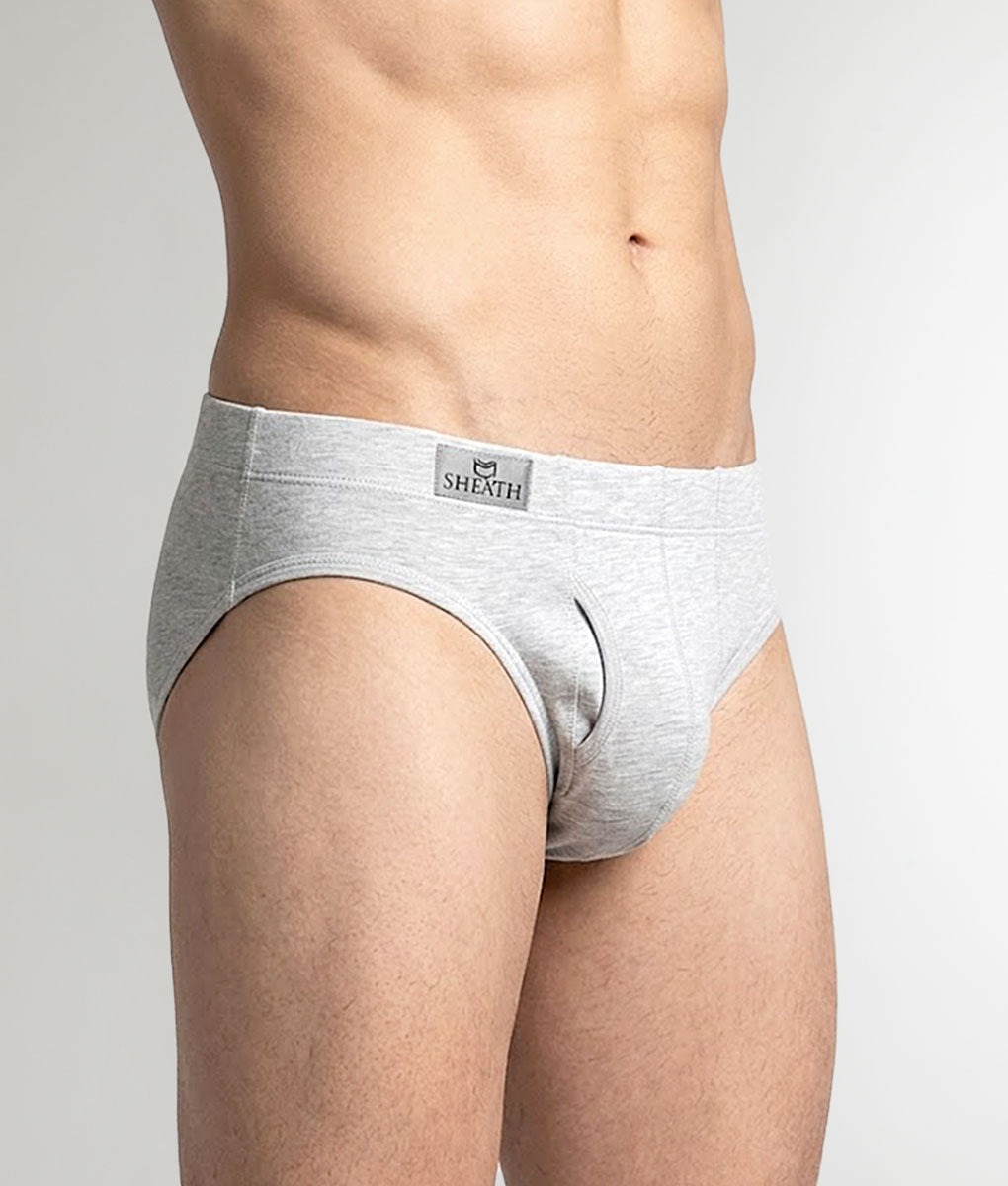 SHEATH Bamboo Brief Heather Gray - men's breathable bamboo European brief with fabric waistband, right angle view