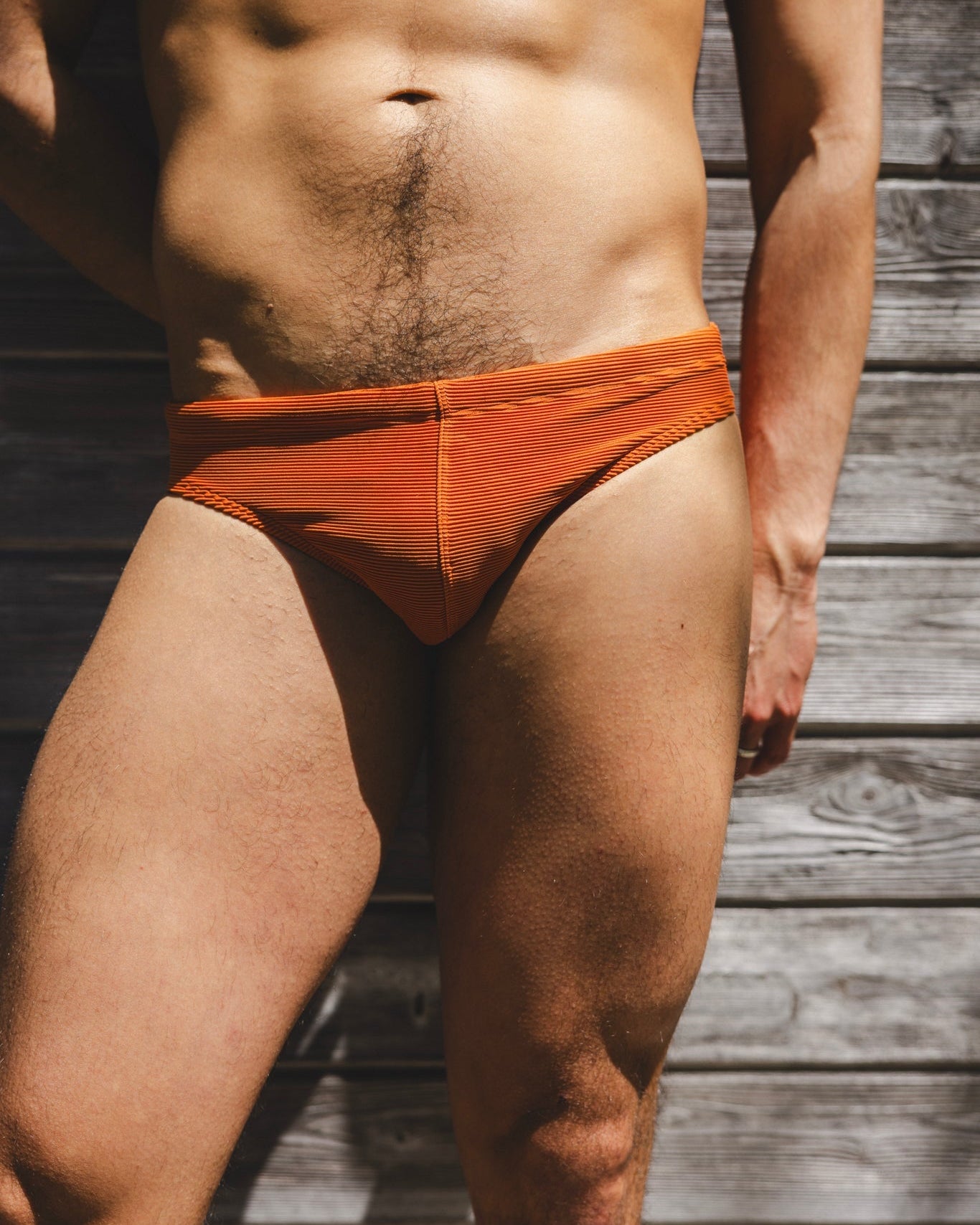 Sean & Val Ribbed Racer Brief Terracotta — ribbed swim brief front detail and liner view