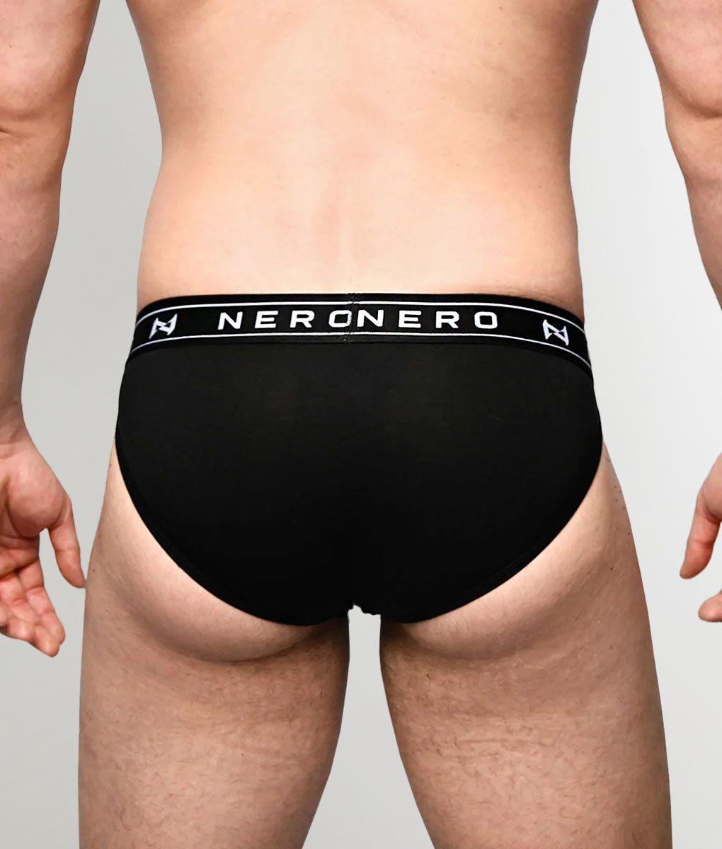 Nero New York Sports Brief Black — men's bamboo-cotton athletic brief with logo waistband, back view