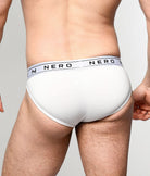 Nero New York Sports Brief White — men's bamboo-cotton athletic brief with logo waistband, back view