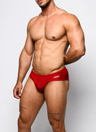 Nero New York Swim Brief Scarlet Red - men's swim brief with quick-dry lining and drawcord, side view