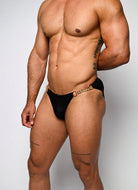 Nero New York Twin Chain Brief Black with Gold Hardware - men's twin chain swim brief with chrome chains and removable O-rings, side view