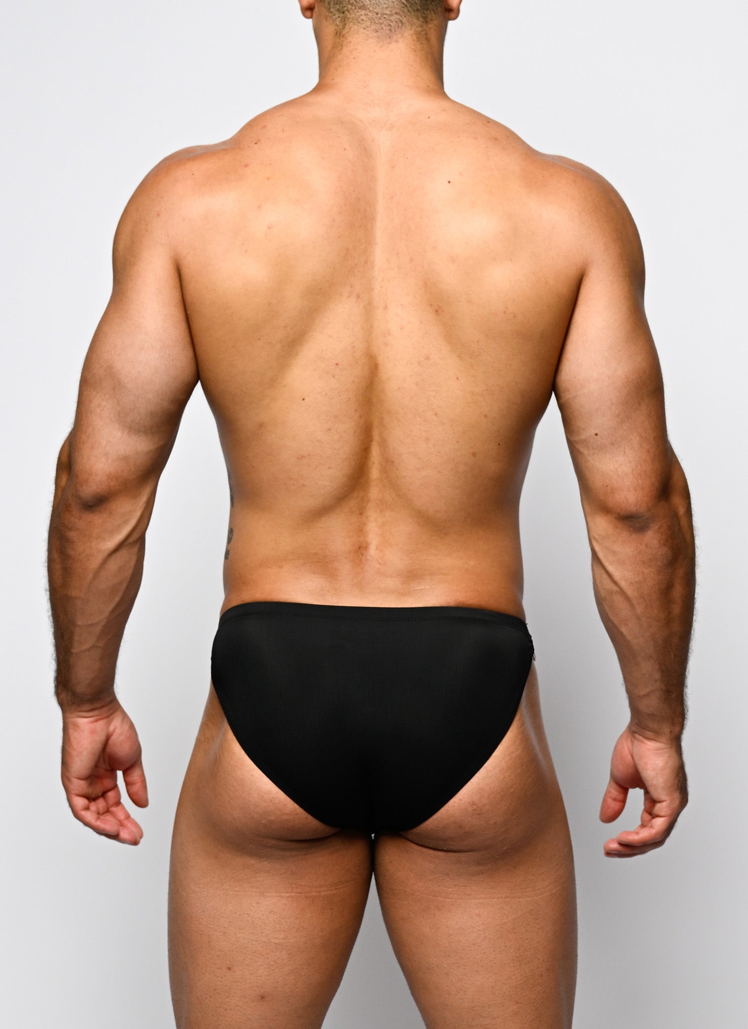 Nero New York Twin Chain Brief Black with Gold Hardware - men's twin chain swim brief with chrome chains and removable O-rings, back view