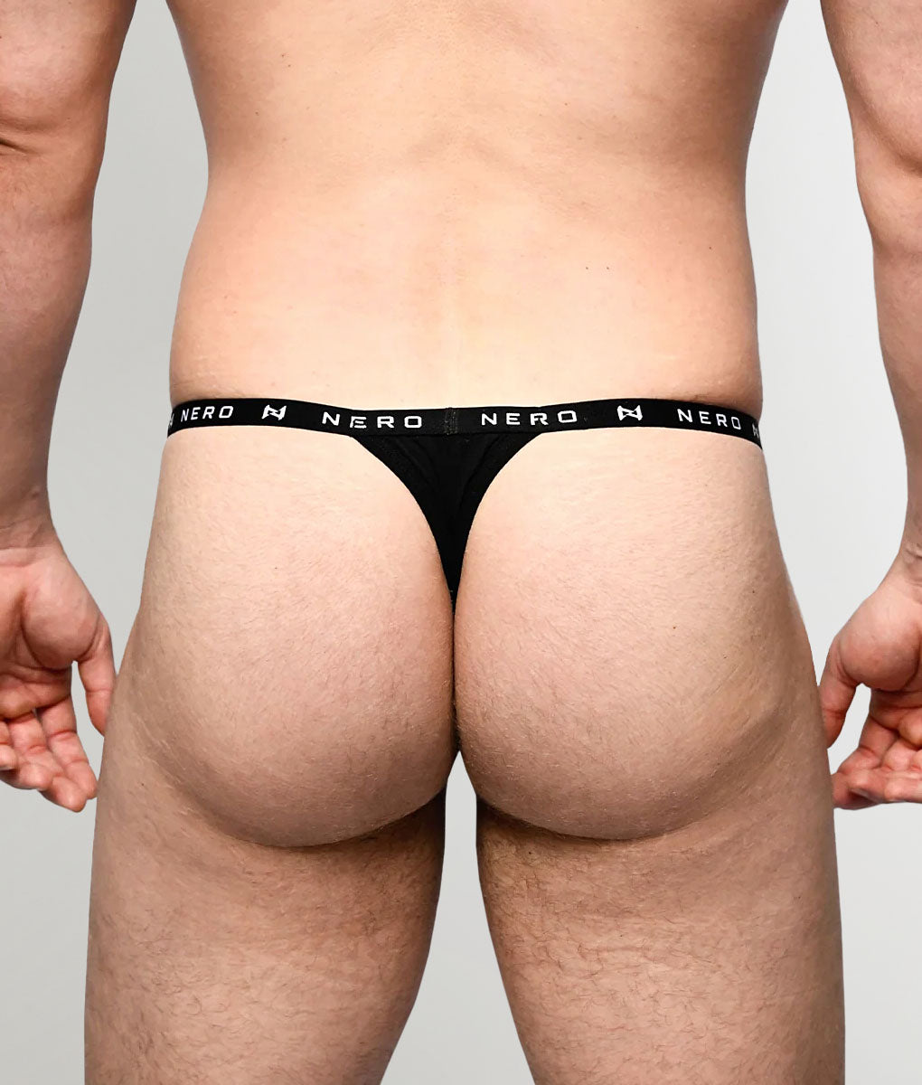 Nero New York Men's Thong Black — men's bamboo-cotton minimal underwear with logo waistband, back view