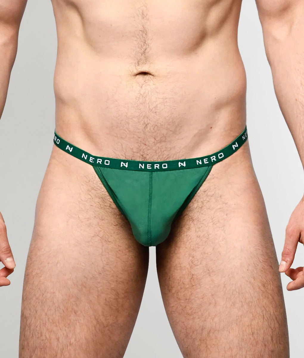 Nero New York Men's Thong Floaroma Green — men's bamboo-cotton minimal underwear with contoured pouch, front view