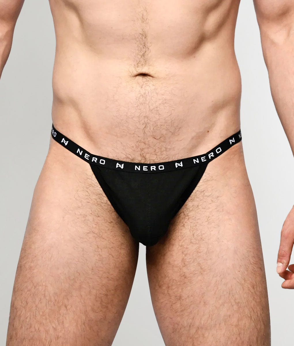 Nero New York Men's Thong Black — men's bamboo-cotton minimal underwear with contoured pouch, front view