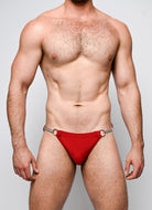 Nero New York Twin Chain Brief Scarlet Red - men's twin chain swim brief with chrome chains and removable O-rings, front view