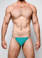 Nero New York Twin Chain Brief Seafoam Teal - men's twin chain swim brief with chrome chains and removable O-rings, front view