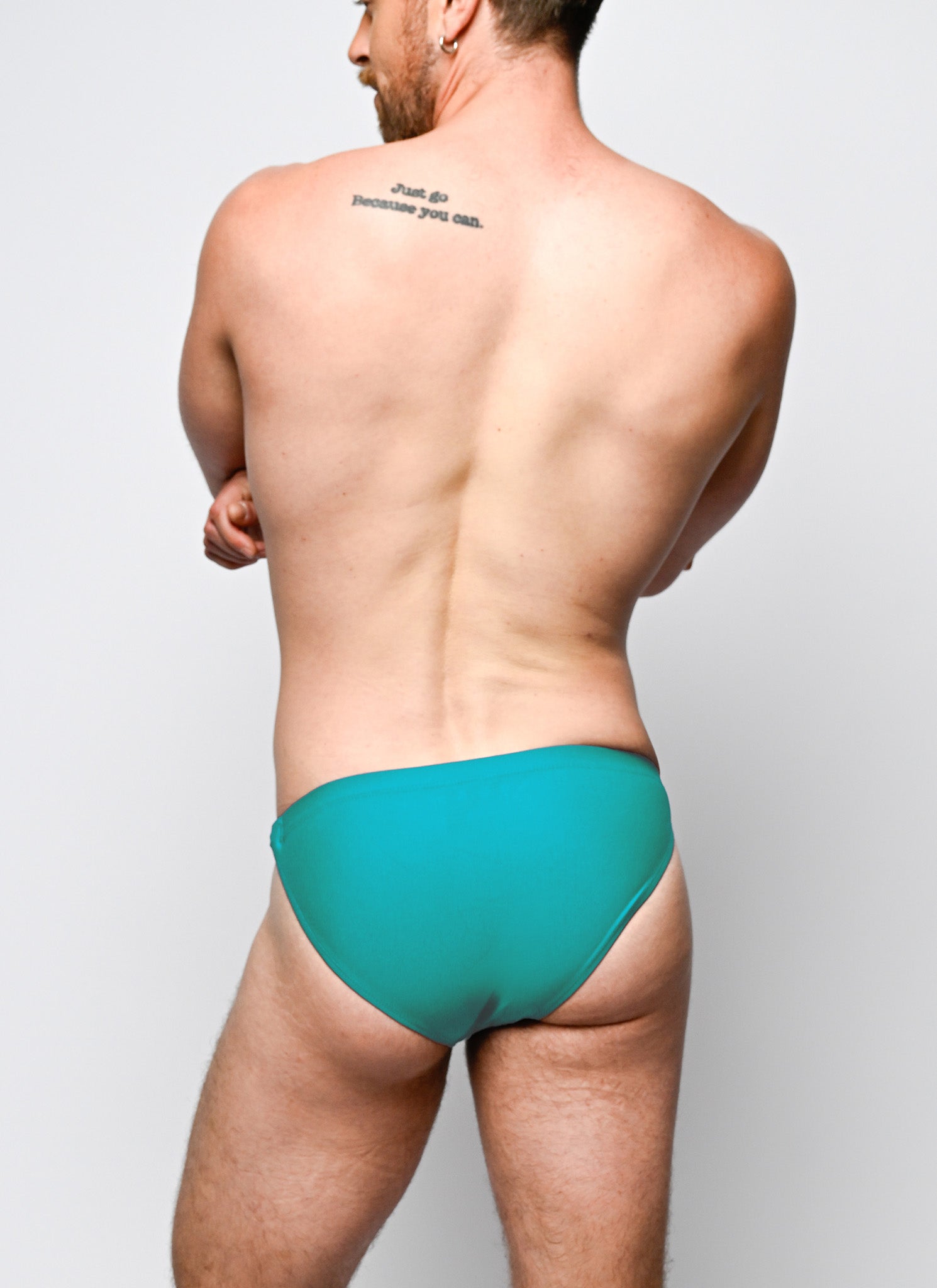 Nero New York Twin Chain Brief Seafoam Teal - men's twin chain swim brief with chrome chains and removable O-rings, back view