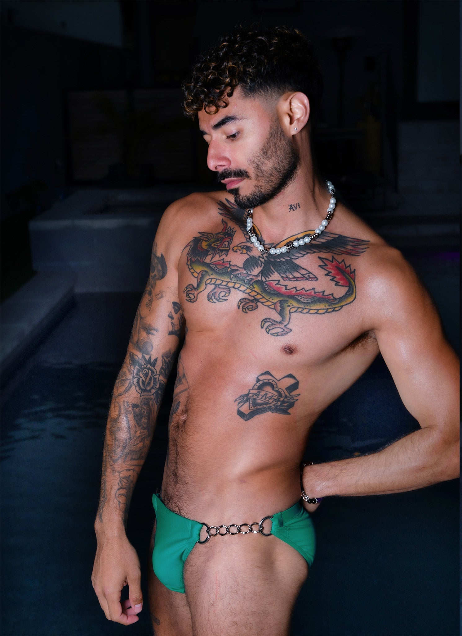 Nero New York Twin Chain Brief Seafoam Teal - men's twin chain swim brief with chrome chains and removable O-rings, detail view
