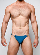 Nero New York Twin Chain Brief Teal Night - men's twin chain swim brief with chrome chains and removable O-rings, front view