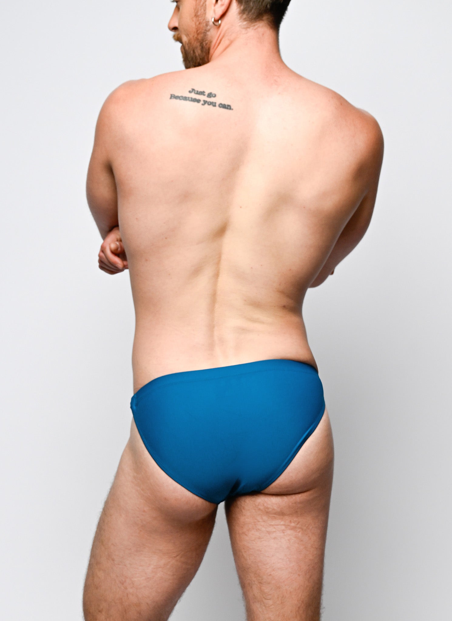 Nero New York Twin Chain Brief Teal Night - men's twin chain swim brief with chrome chains and removable O-rings, back view