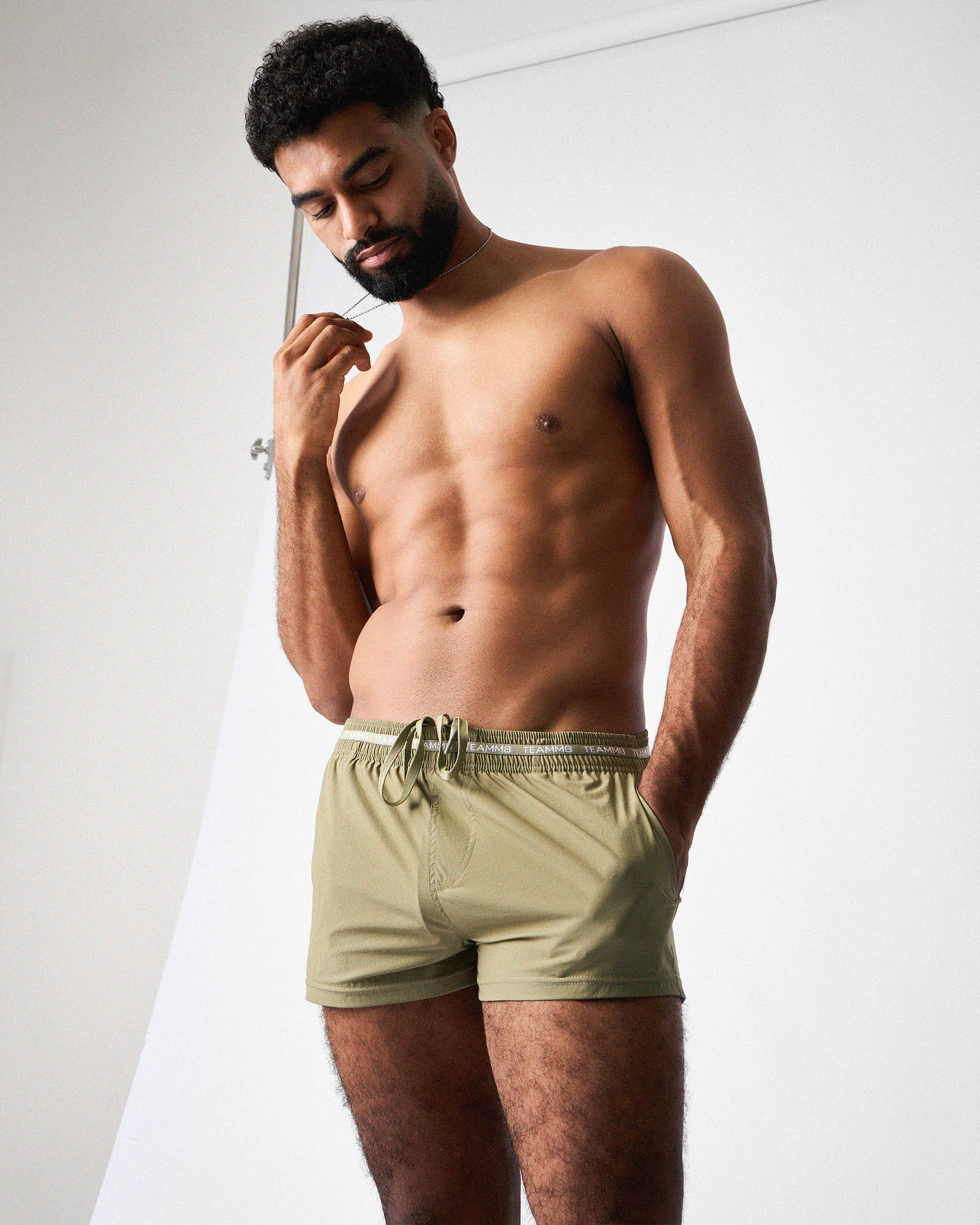 Teamm8 Ultra Sports Swim Short Army - 4-way stretch quick-dry fabric, flat lay
