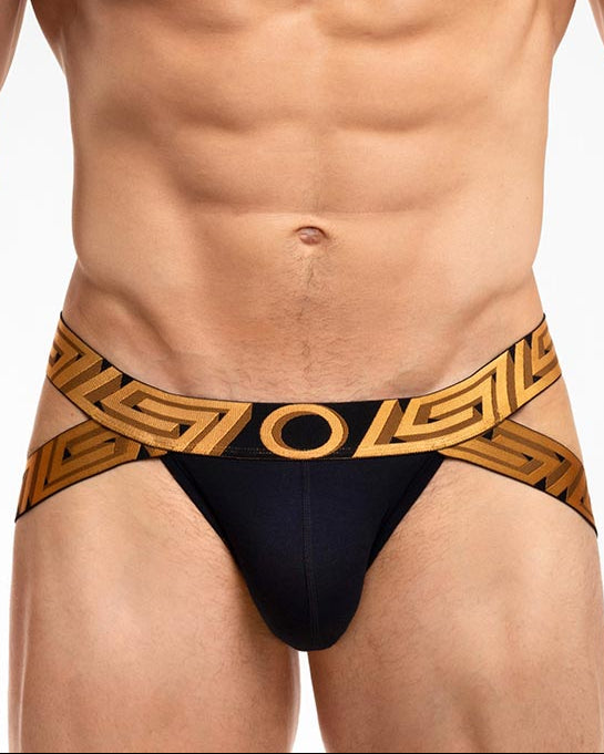 Rounderbum O My God Lift Jockstrap Black - men's push-up lifting jockstrap with open back, front view