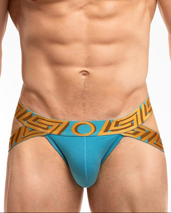 Rounderbum O My God Lift Jockstrap OMG Blue - men's push-up lifting jockstrap with open back, front view