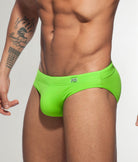 Addicted AD Swim Brief Lemon Green - men's swim brief featuring elastic waistband with internal drawstring detail, side view