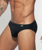 Addicted AD Swim Brief Black - men's swim brief featuring elastic waistband with internal drawstring detail, side view