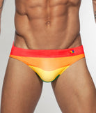 Addicted Rainbow AD Bikini Brief Red - men's Pride swim brief with contoured lift pouch and bold graphic detail, front view