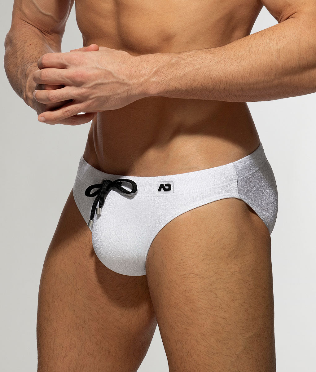 Addicted Pique Speedo Swim Brief White - men's swim brief featuring elastic waistband with internal adjustable drawstring, side view