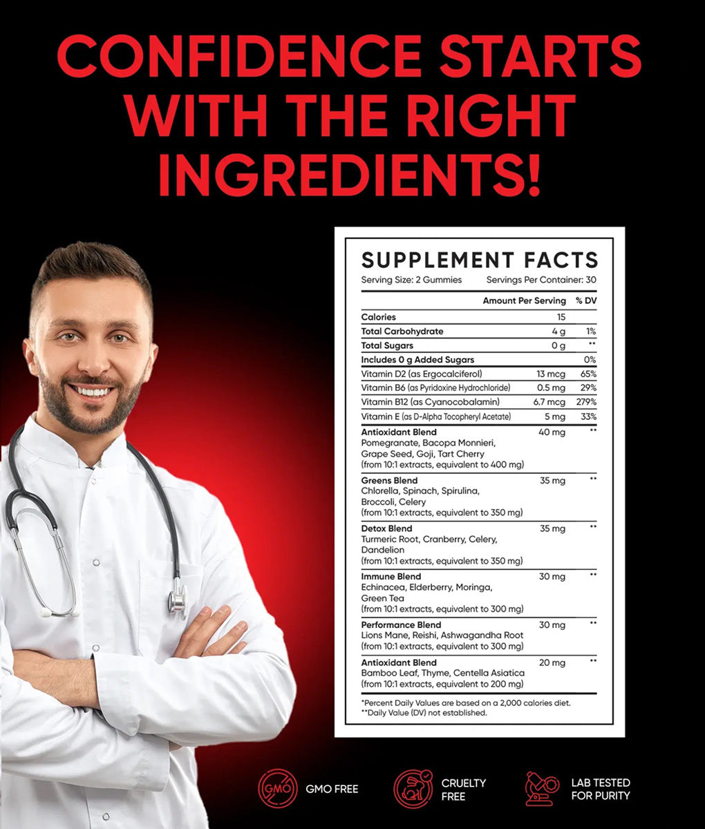 Friend of Dorothy Big D'Energy — key benefits callout: greens, adaptogens, antioxidants and vitamins