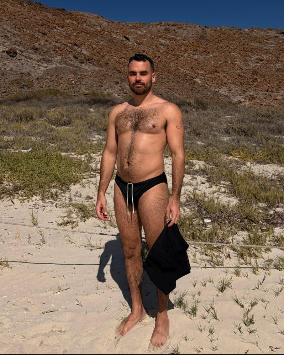 Sean & Val Racer Brief Black — men's swim brief, model full body front view