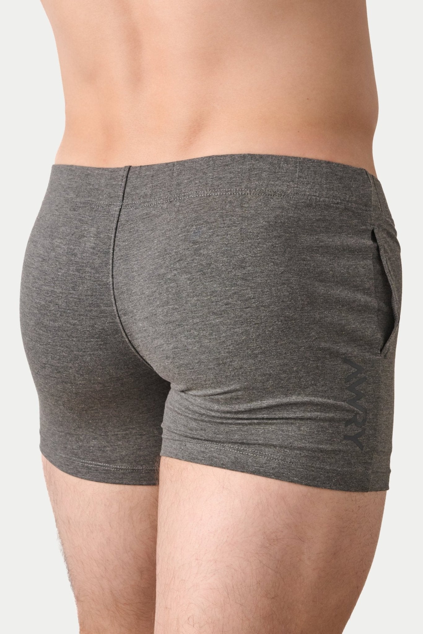 Awry Flow 4 Inch Short V2 Heather Gray — rear view showing extra-high inseam and glute-sculpting cut