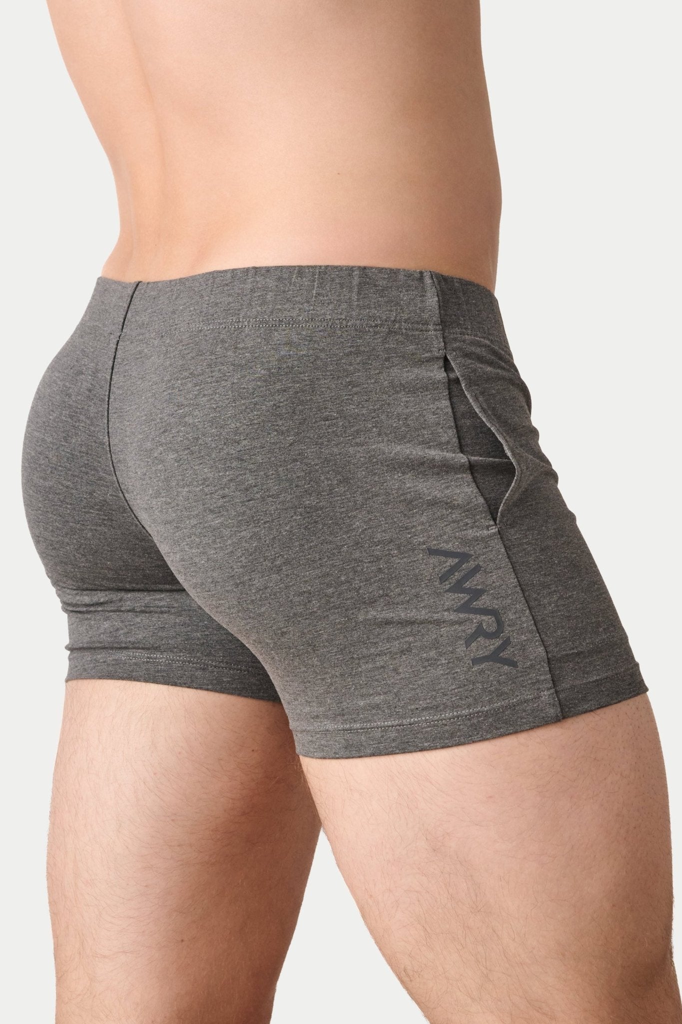 Awry Flow 4 Inch Short V2 Heather Gray — side view showing roomy front pocket and smooth waistband