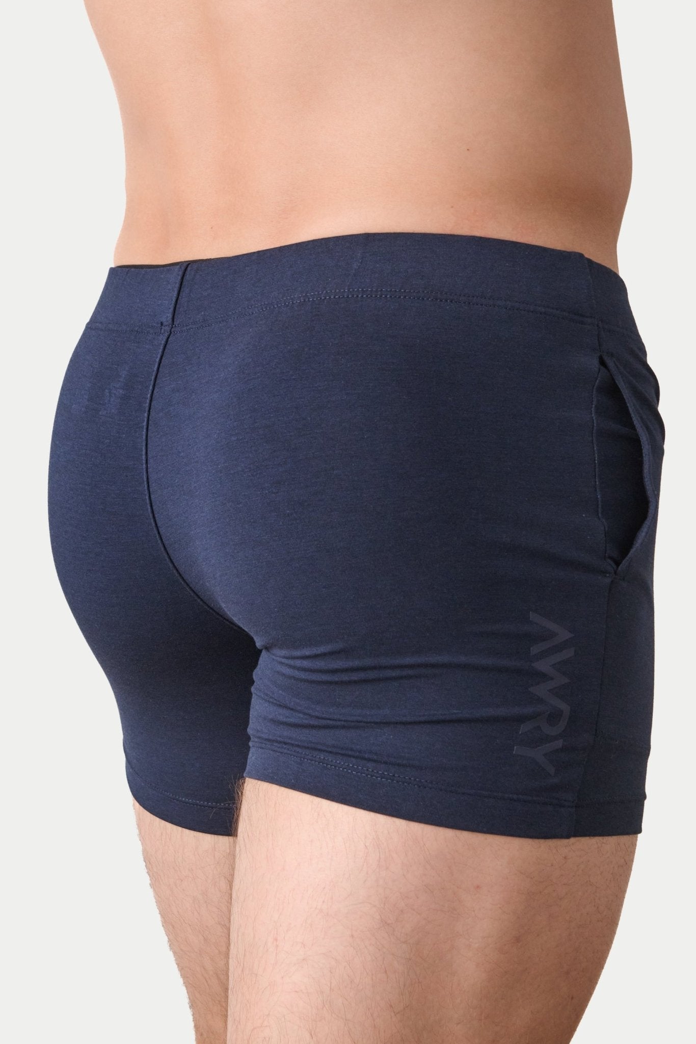 Awry Flow 4 Inch Short V2 Navy — rear view showing extra-high inseam and glute-sculpting cut