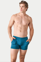 Awry Flow 4 Inch Short V2 Teal — close-up of bamboo-cotton fabric texture and form-fitting leg opening