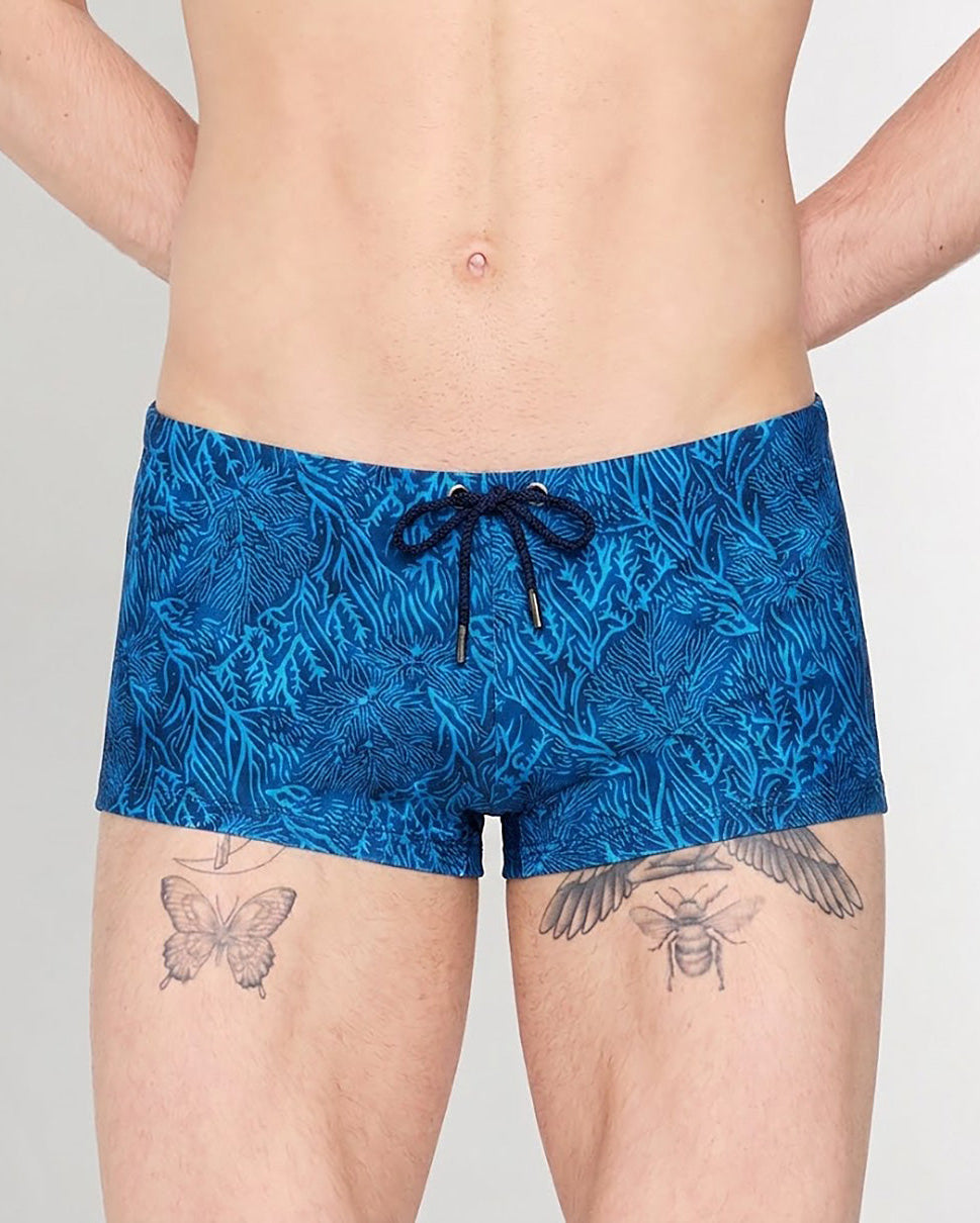 HOM Panarea Swim Short Blue Print - men's designer swim trunk front view