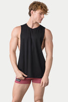 Awry Impact Tank Black — men's cotton-modal activewear tank with deep side cutouts, front view