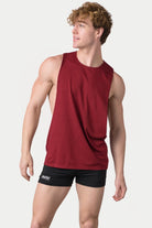 Awry Impact Tank Maroon — men's cotton-modal activewear tank with deep side cutouts, front view