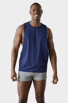 Awry Impact Tank Navy — men's cotton-modal activewear tank with deep side cutouts, front view