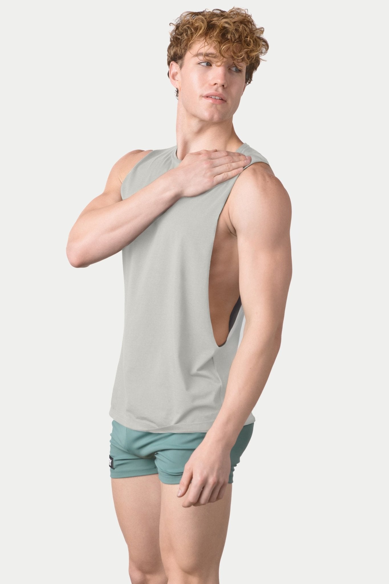 Awry Impact Tank Stone — close-up of organic cotton-modal fabric texture and drape