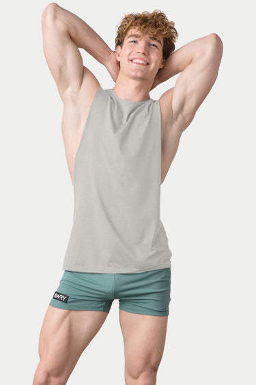Awry Impact Tank Stone — men's cotton-modal activewear tank with deep side cutouts, front view