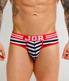 JOR Santorini Brief Stripes - men's low-rise striped cotton brief with contoured pouch, front view