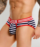 JOR Santorini Brief Stripes - men's low-rise striped cotton brief, side view